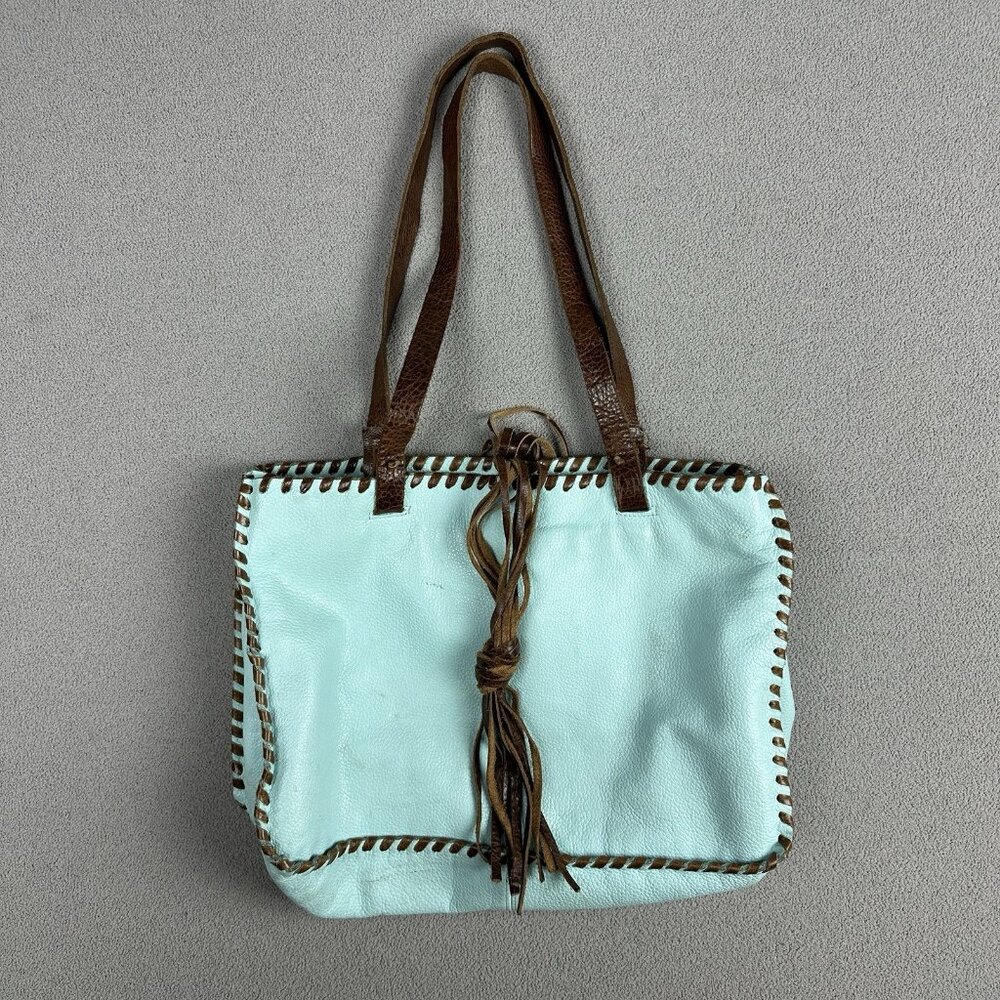 Carla Mancini Aqua Leather Shoulder Bag Snap Closure Fringe Tassels Stitching
